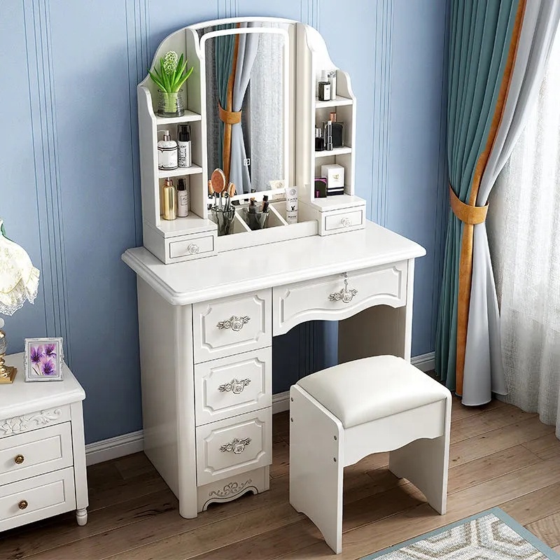 Desk Vanity Setup - โต๊ะเครื่องแป้งไม้สีขาวชมพูสไตล์โมเดิร์น พร้อมกระจก ราคาประหยัด สำหรับสาวๆ