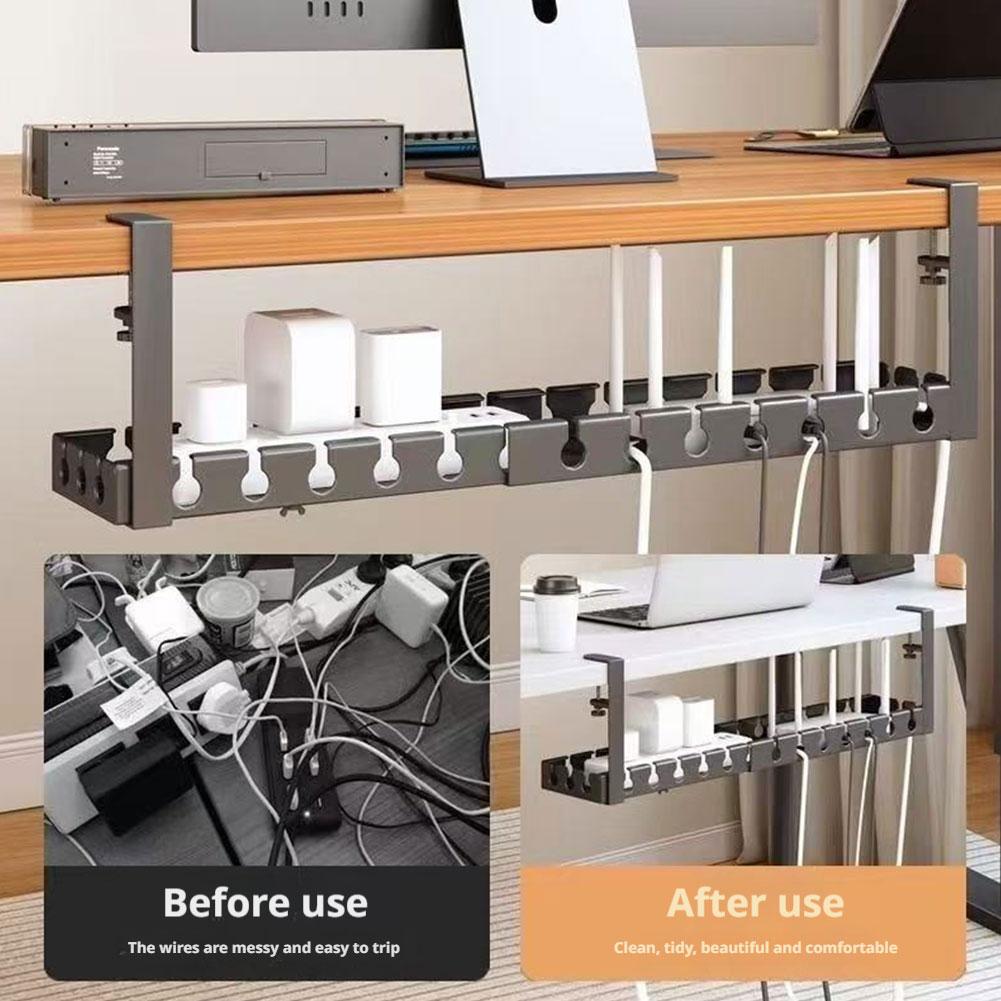 Desk Setup Organizer - ที่เก็บสายไฟใต้โต๊ะแบบยืดหดได้ ไม่ต้องเจาะ ตัวจัดระเบียบสายไฟโลหะ ประหยัดพื้นที่ อเนกประสงค์ ชั้นวางของแขวนสำหรับใช้ในบ้าน