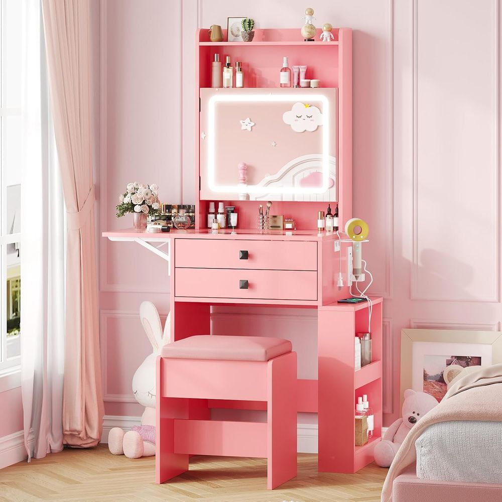 Desk Vanity Setup - โต๊ะเครื่องแป้งขนาดเล็ก Vabches พร้อมแผงลายวินเทจ ชุดโต๊ะเครื่องแป้งสีชมพู | โต๊ะกระจกพร้อมกระจกมีไฟปรับระดับได้