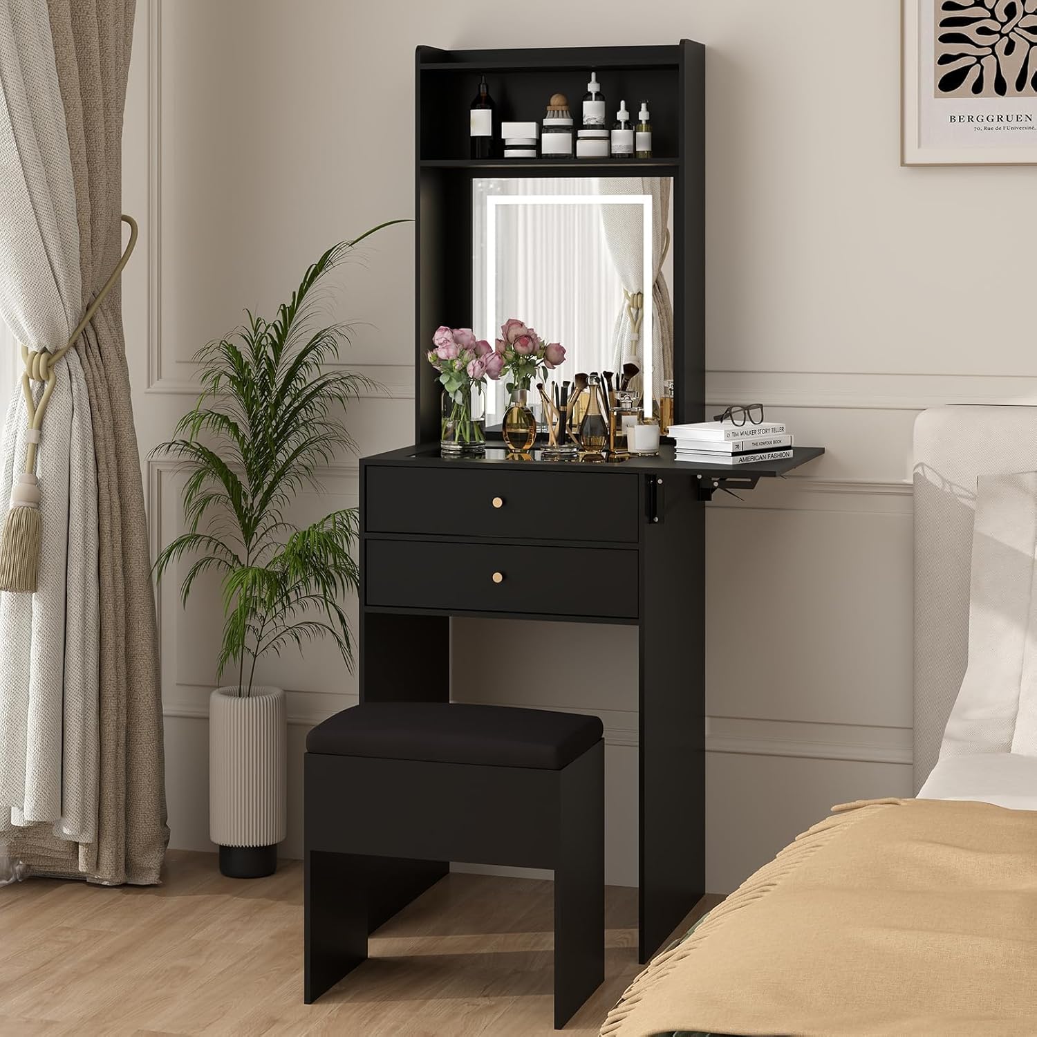 Desk Vanity Setup - ชุดโต๊ะเครื่องแป้งสีดำขนาดเล็กสำหรับห้องนอน พร้อมกระจกไฟปรับได้ 3 ระดับ เก้าอี้เก็บของ และแผงพับได้สำหรับพื้นที่ขนาดเล็ก