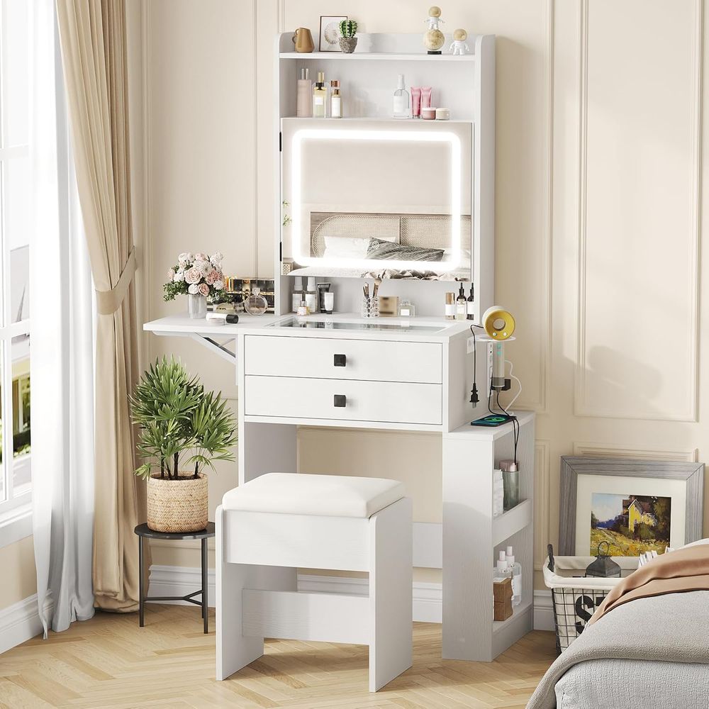 Desk Vanity Setup - โต๊ะเครื่องแป้งขนาดเล็ก Vabches พร้อมแผงตกแต่งสไตล์วินเทจ ชุดโต๊ะเครื่องแป้งสีขาว | โต๊ะกระจกพร้อมกระจกมีไฟปรับระดับได้