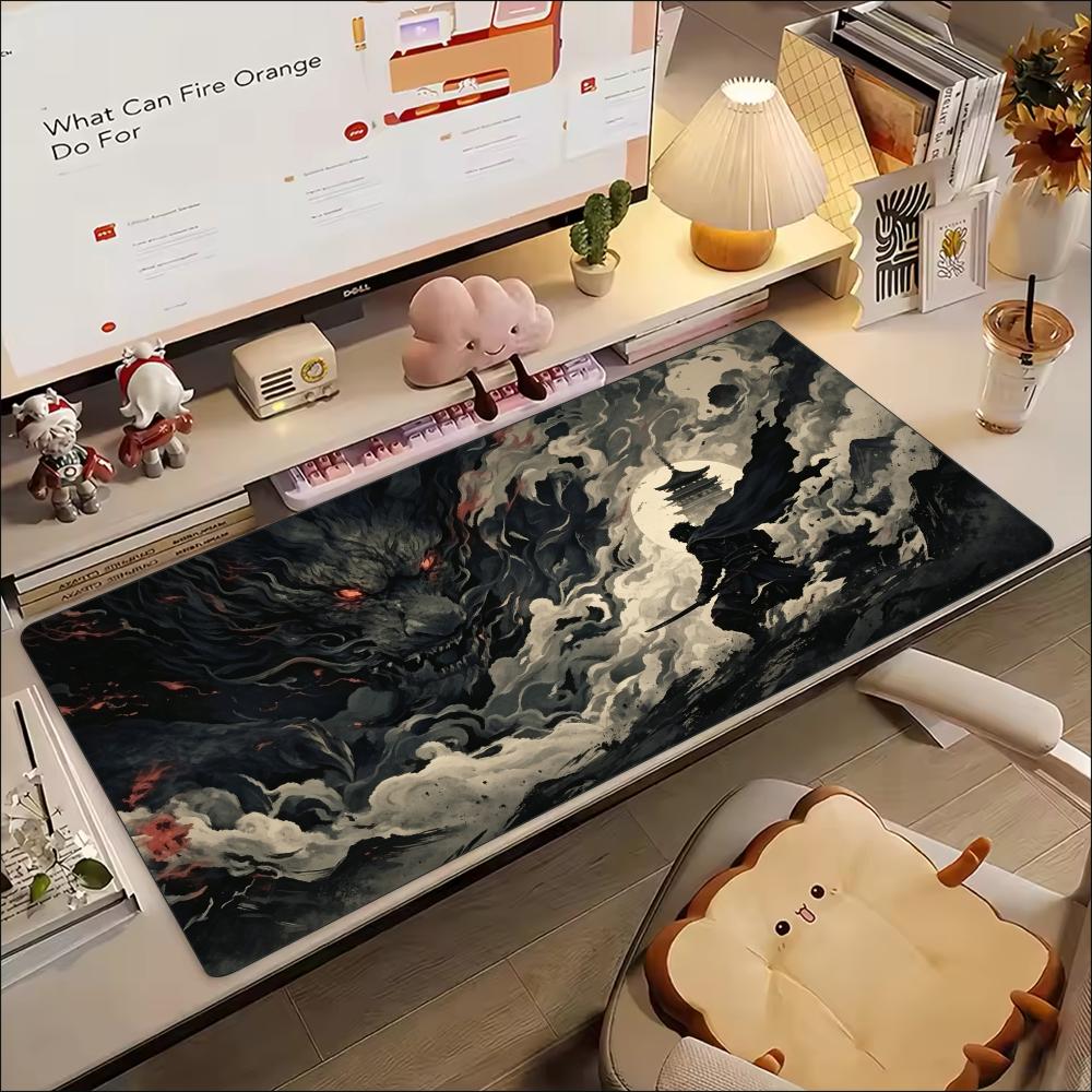 Desk Setup Gaming And Work - แผ่นรองเมาส์ขนาดใหญ่ลายศิลปะภูเขาและมังกรแบบจีน ผลิตจากยางกันลื่น พื้นผิวเรียบ เหมาะสำหรับโต๊ะทำงาน คอมพิวเตอร์แล็ปท็อป การเล่นเกม