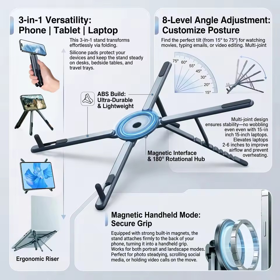 Desk Setup Stand - ที่วางโทรศัพท์แม่เหล็กแบบพกพาและไม้เซลฟี่ 3-in-1 ขาตั้งกล้องพับได้สำหรับ iPhone, iPad, แท็บเล็ต,