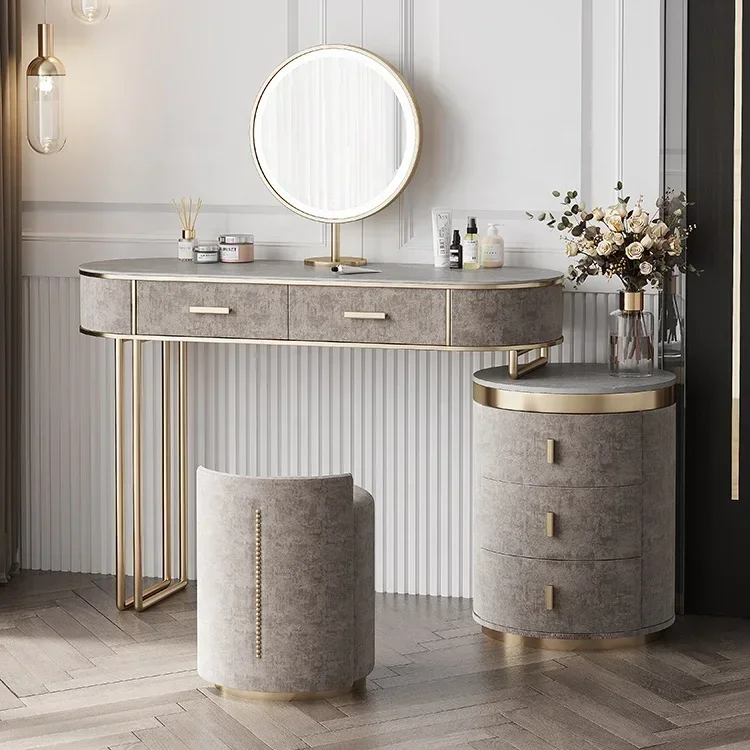 Desk Vanity Setup - ชุดห้องนอน เฟอร์นิเจอร์ยุโรป ตู้เสื้อผ้าหรูหรา โต๊ะเครื่องแป้งพร้อมกระจกและเก้าอี้ โต๊ะเครื่องแป้งพร้อมไฟ LED