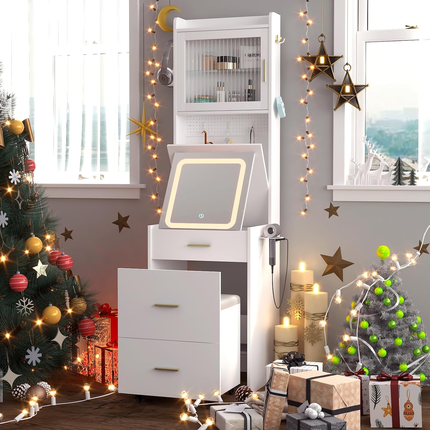 Desk Vanity Setup - โต๊ะเครื่องแป้ง 3 ใน 1 พร้อมแผงพับกระจกมีไฟ, ชุดโต๊ะเครื่องแป้งขนาดเล็กพร้อมสถานีชาร์จสตูลที่ซ่อนอยู่