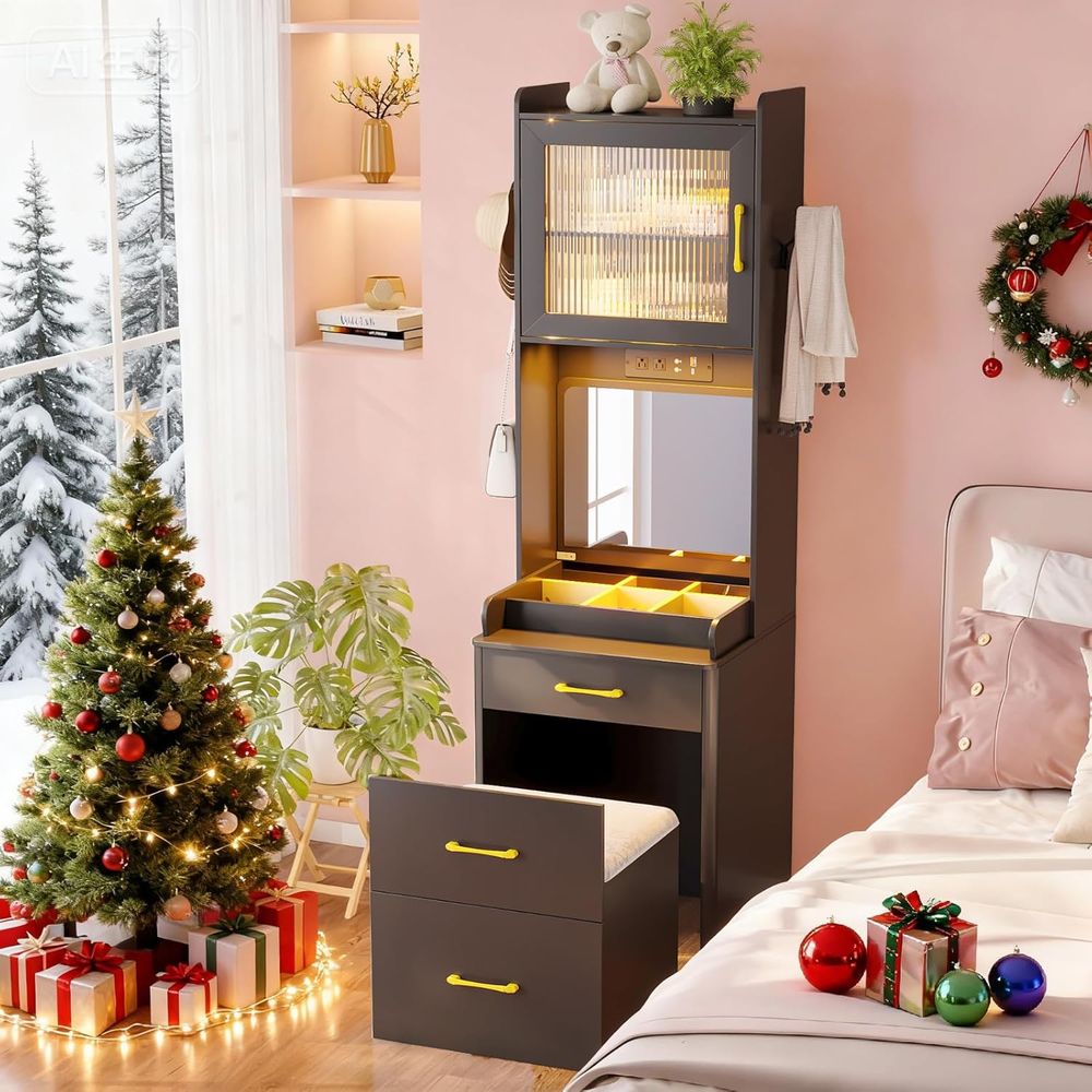 Desk Vanity Setup - โต๊ะเครื่องแป้ง LED พร้อมเซ็นเซอร์ตรวจจับการเคลื่อนไหวของมนุษย์, ชุดแต่งหน้าแบบสูง, 2 ช่องเสียบไฟ