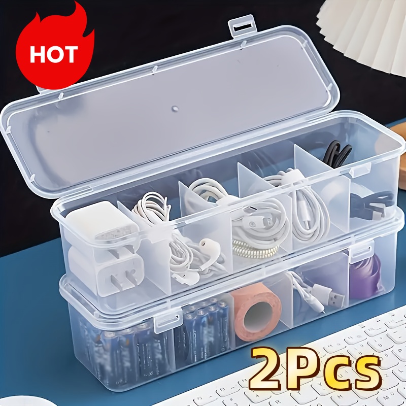 Desk Setup Organizer - กล่องจัดเก็บสายเคเบิลขนาดใหญ่ 2 ชิ้นพร้อมฝาปิด 5 ช่อง กล่องจัดระเบียบโต๊ะทำงานพลาสติกทนทานสำหรับโฮมออฟฟิศ