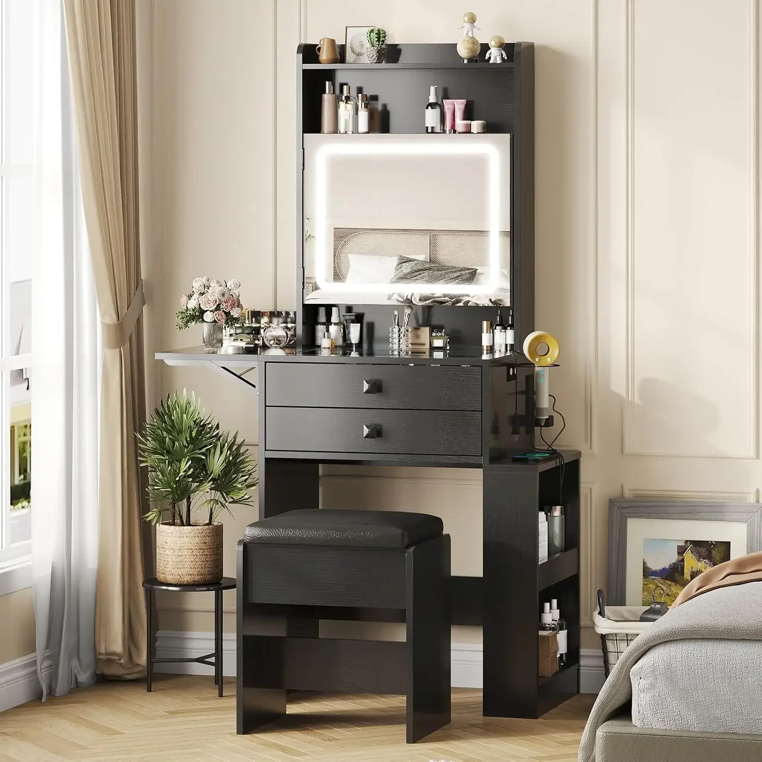 Desk Vanity Setup - โต๊ะเครื่องแป้งขนาดเล็ก, กระจกมีไฟปรับได้ 3 ระดับ, ชุดโต๊ะเครื่องแป้งสีขาว, แผงพับได้,