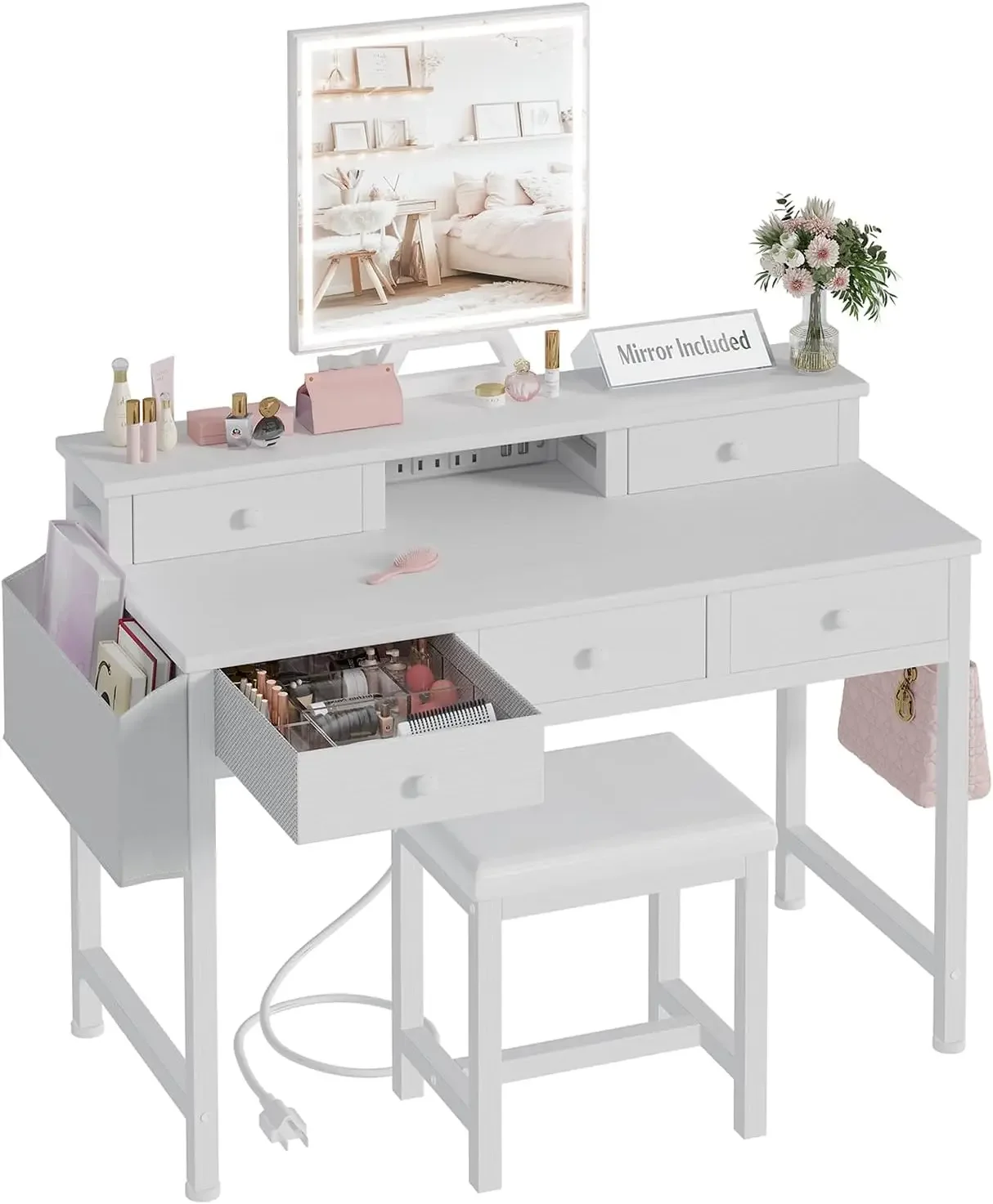 Desk Vanity Setup - โต๊ะเครื่องแป้งสีขาวพร้อมกระจกและไฟ ขนาด 40 นิ้ว ชุดโต๊ะเครื่องแป้งสำหรับสาวๆ พร้อมเก้าอี้