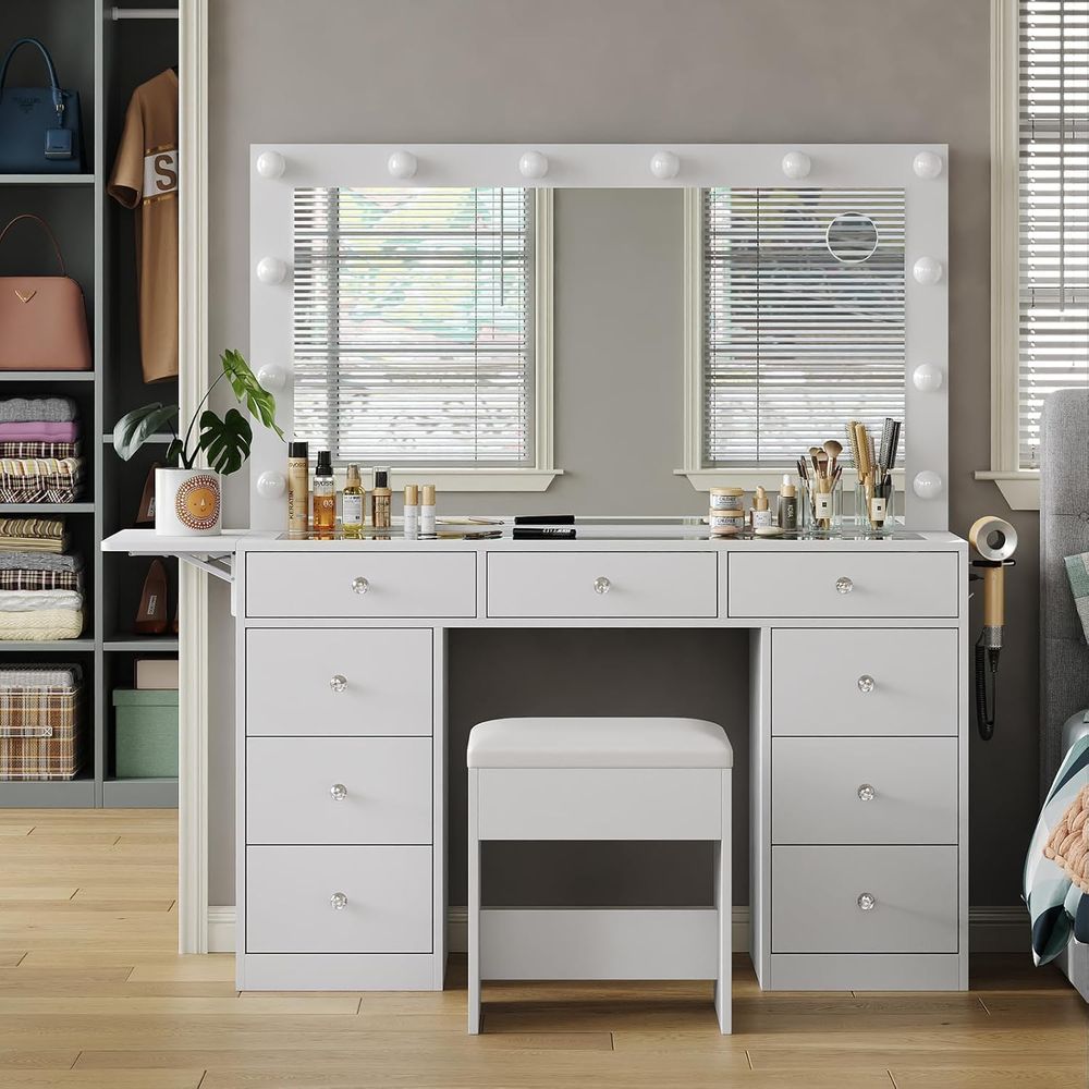 Desk Vanity Setup - โต๊ะเครื่องแป้งพร้อมปลั๊กไฟ, โต๊ะเครื่องแป้งแต่งหน้า 9 ช่องพร้อมกระจกและไฟ LED 12