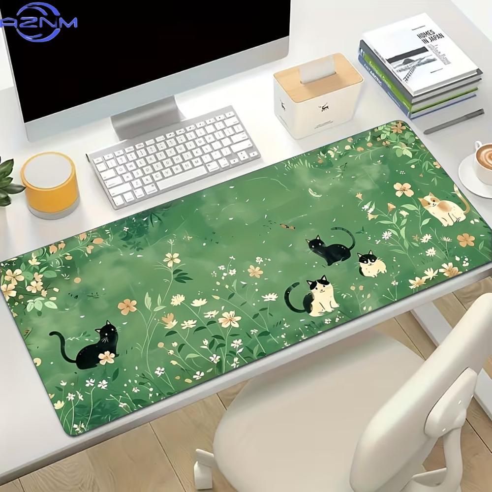 Desk Setup Gaming And Work - แผ่นรองเมาส์เกมมิ่งลายแมวน่ารักขนาดใหญ่ พร้อมขอบยางกันลื่น สำหรับเกมเมอร์ ใช้ได้กับโต๊ะทำงาน แล็ปท็อป และการตั้งค่าการทำงานบนเดสก์ท็อป