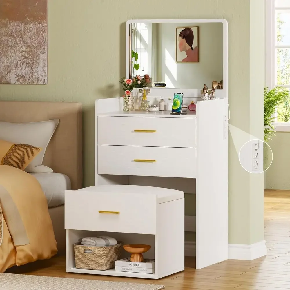 Desk Vanity Setup - โต๊ะเครื่องแป้ง 3-in-1 พร้อมกระจกพับได้, ชุดโต๊ะเครื่องแป้งขนาดกะทัดรัดพร้อมลิ้นชักผ้าและที่เก็บของ, เก้าอี้นั่งสบาย, สถานีชาร์จ,