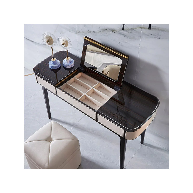 Desk Vanity Setup - โต๊ะเครื่องแป้งไม้จริงสไตล์โมเดิร์นสุดหรู สำหรับห้องนอน พร้อมกระจก ไฟ และลิ้นชัก