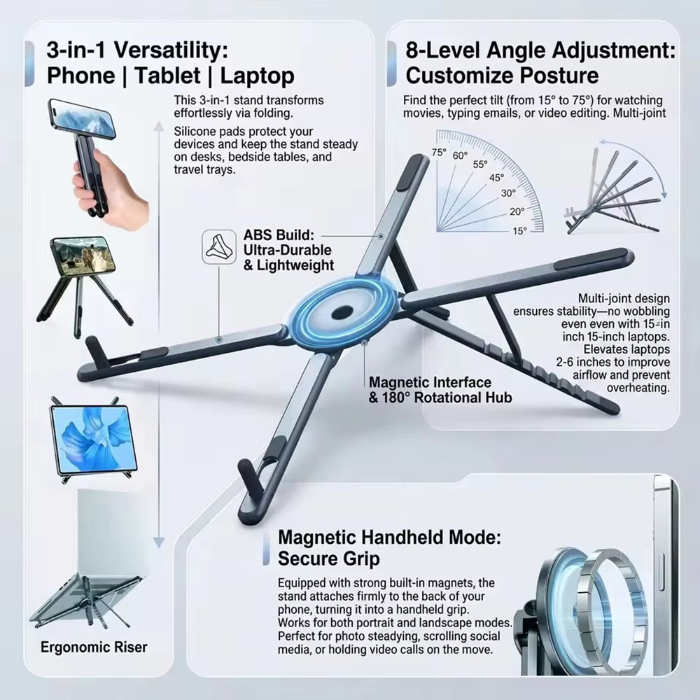 Desk Setup Stand - ที่วางโทรศัพท์แม่เหล็กแบบพกพาและไม้เซลฟี่ 3-in-1 ขาตั้งกล้องพับได้สำหรับใช้งานกับ iPhone, iPad, แท็บเล็ต,