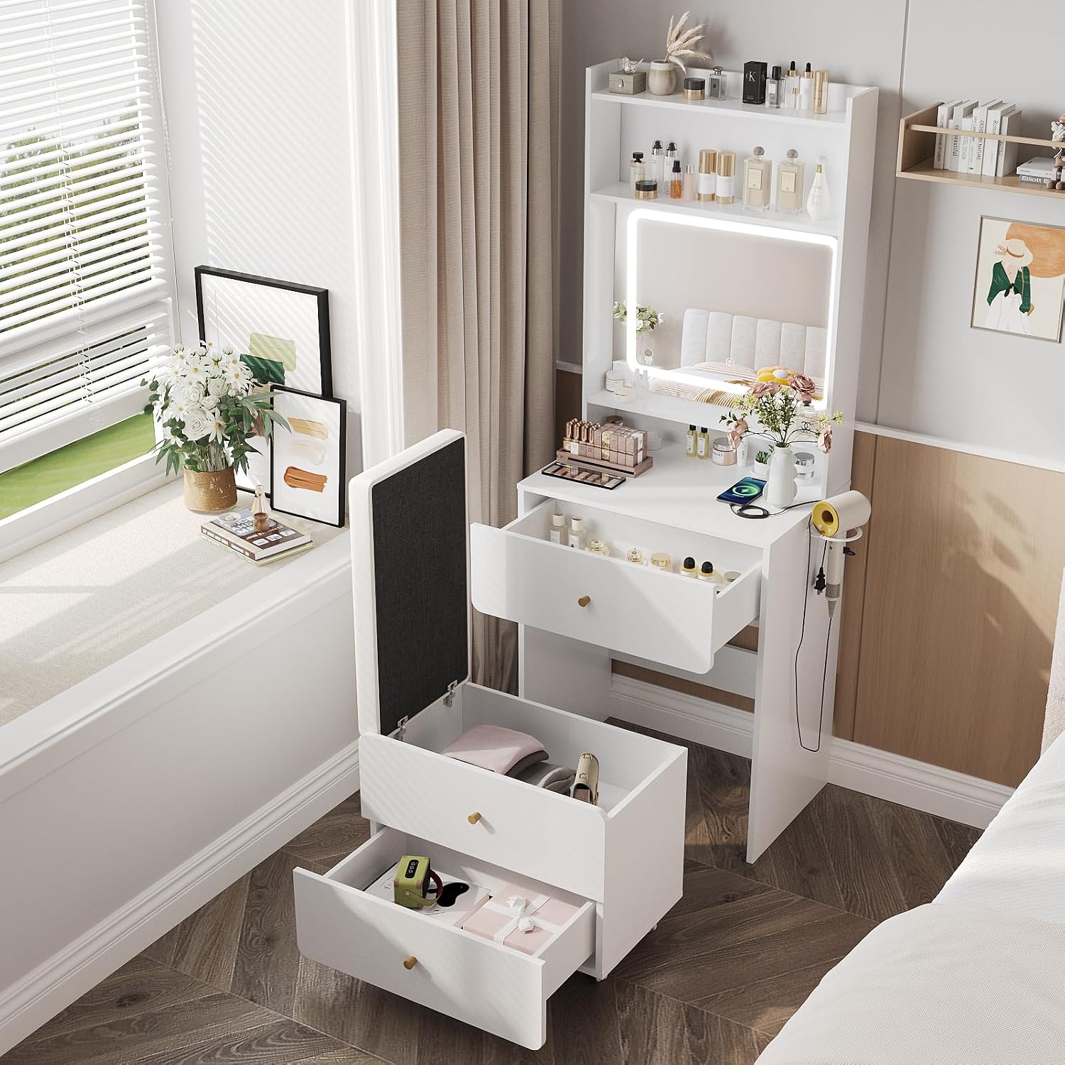 Desk Vanity Setup - โต๊ะเครื่องแป้งพร้อมกระจกและไฟ โต๊ะเครื่องแป้งขนาดเล็กพร้อมเก้าอี้เก็บของ ชุดโต๊ะเครื่องแป้งสีขาวพร้อมสถานีชาร์จ ปรับแต่งได้