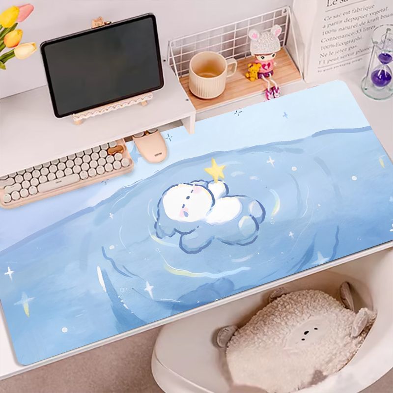 Desk Pad Leather Large - แผ่นรองเมาส์หนัง PU ลายหมีและเป็ดน่ารัก สีฟ้า ขนาดใหญ่ สำหรับใช้ในบ้านและสำนักงาน