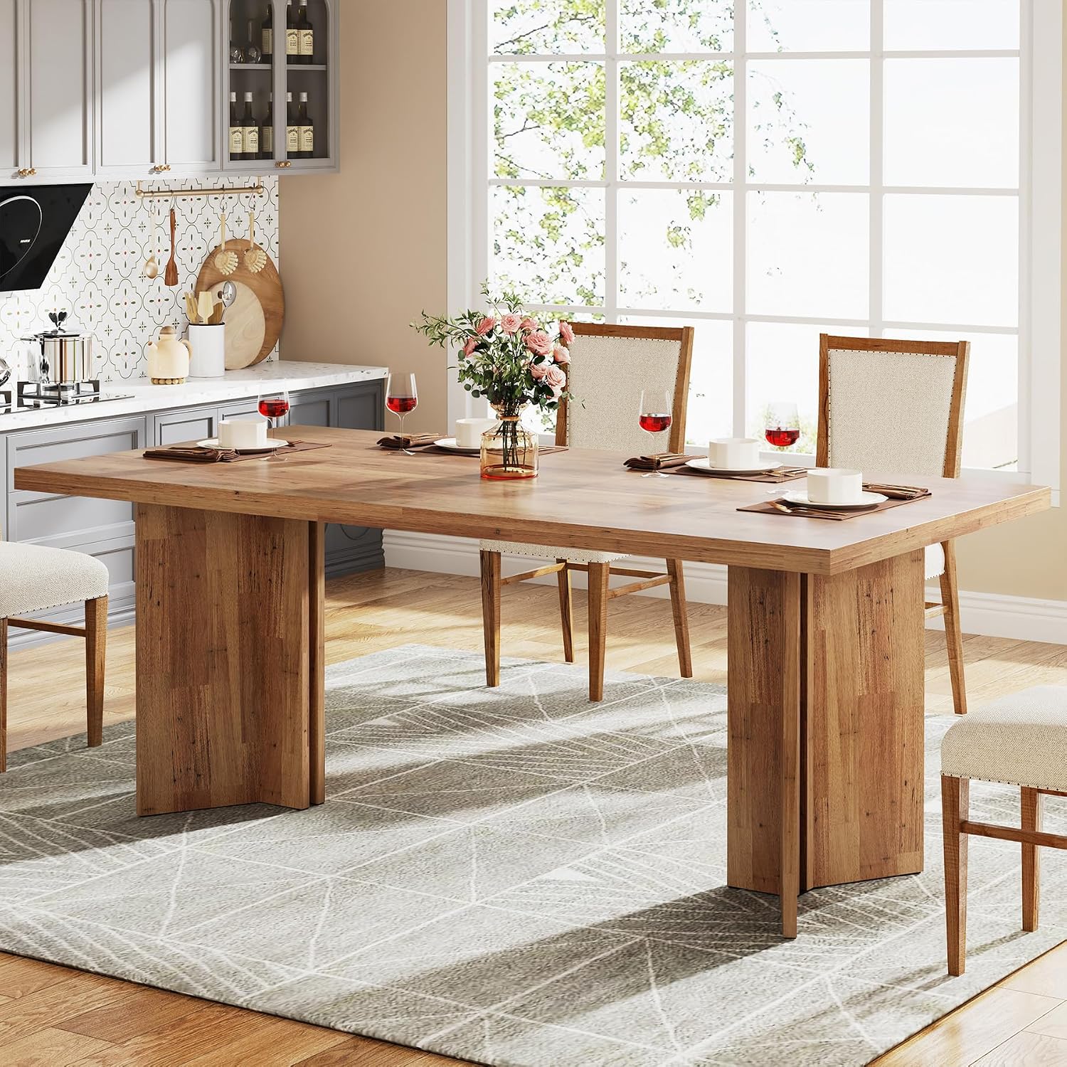 Desk Setup Living Room - โต๊ะรับประทานอาหารไม้ทรงสี่เหลี่ยมขนาดใหญ่สำหรับ 4 ถึง 6 คน, โต๊ะอาหารสไตล์ฟาร์มเฮาส์พร้อมขาตั้งที่แข็งแรง,